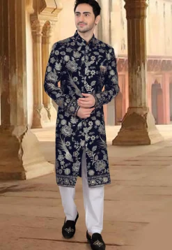 Embroidered Velvet Sherwani in Navy Blue