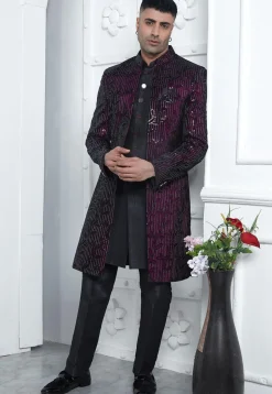 Embroidered Velvet Sherwani in Black and Purple