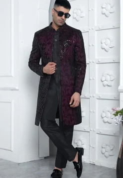 Embroidered Velvet Sherwani in Black and Purple
