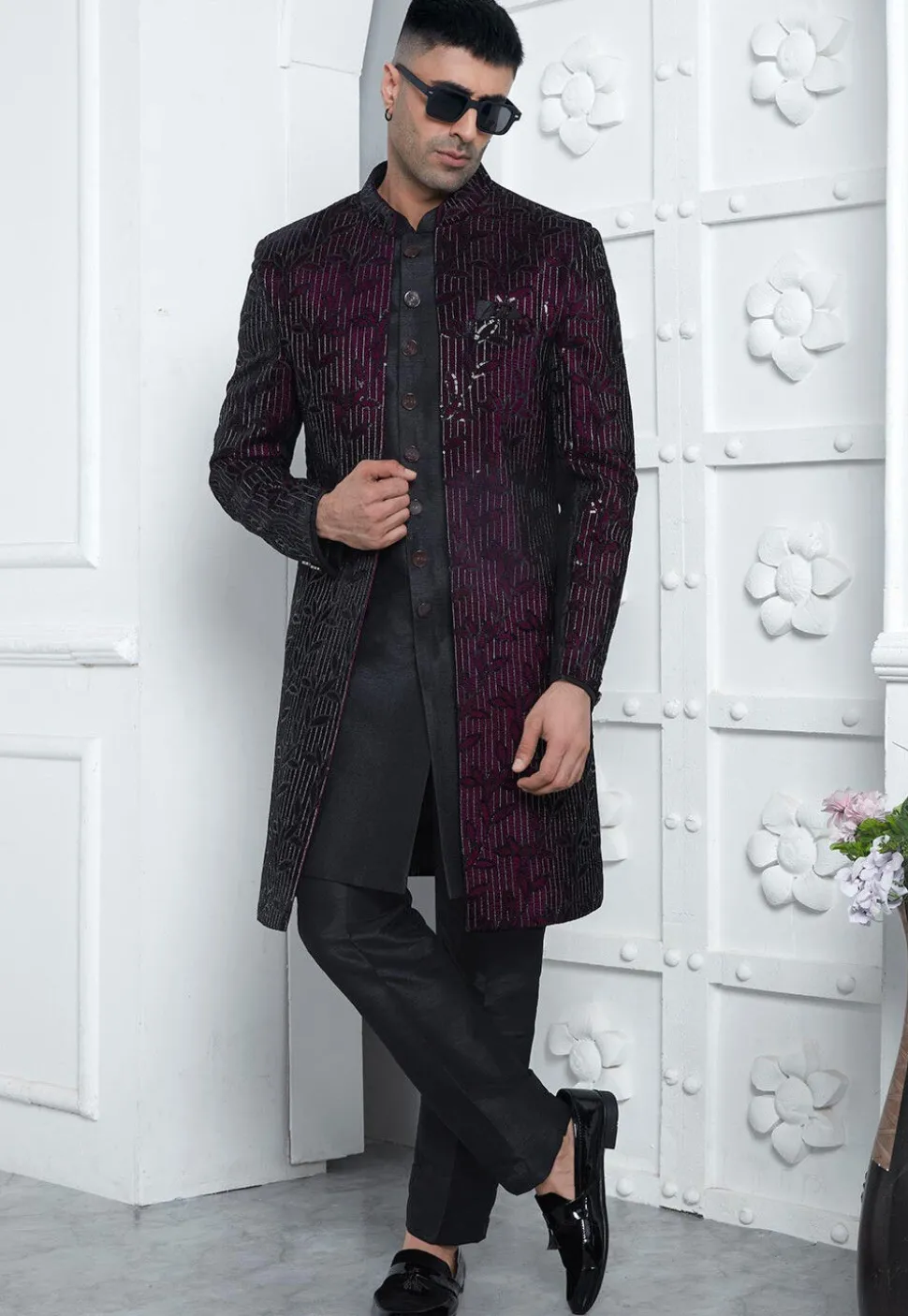 Embroidered Velvet Sherwani in Black and Purple