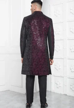 Embroidered Velvet Sherwani in Black and Purple