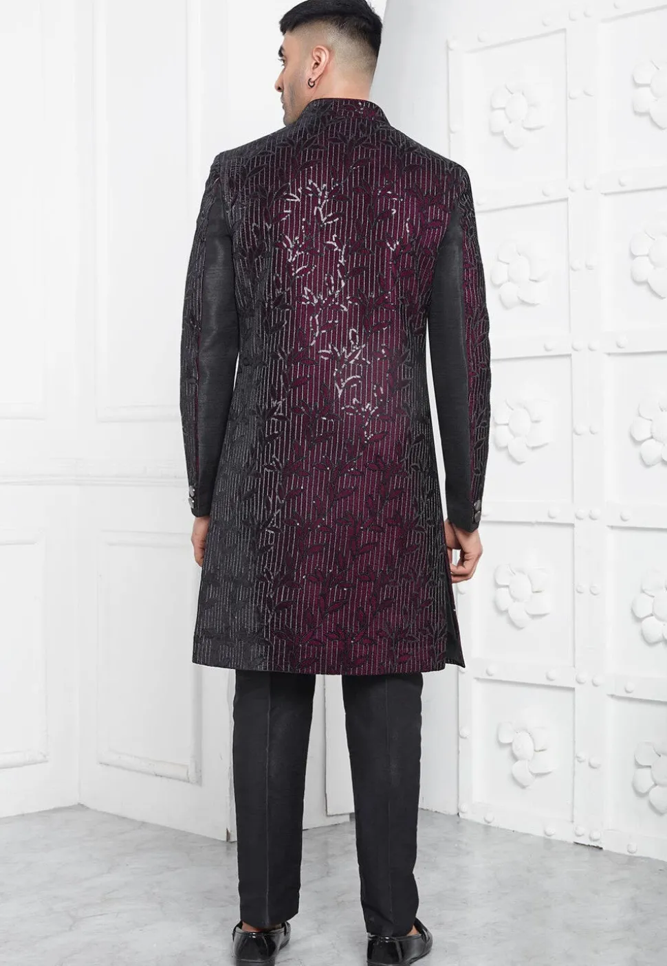 Embroidered Velvet Sherwani in Black and Purple