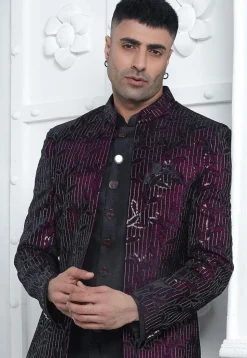 Embroidered Velvet Sherwani in Black and Purple
