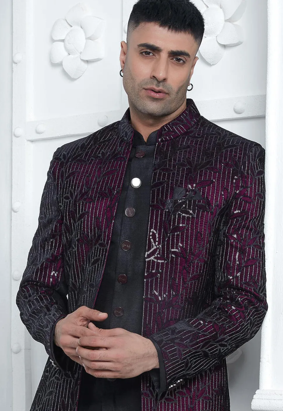 Embroidered Velvet Sherwani in Black and Purple