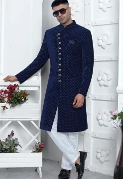 Embroidered Velvet Sherwani in Navy Blue
