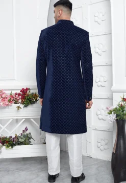 Embroidered Velvet Sherwani in Navy Blue
