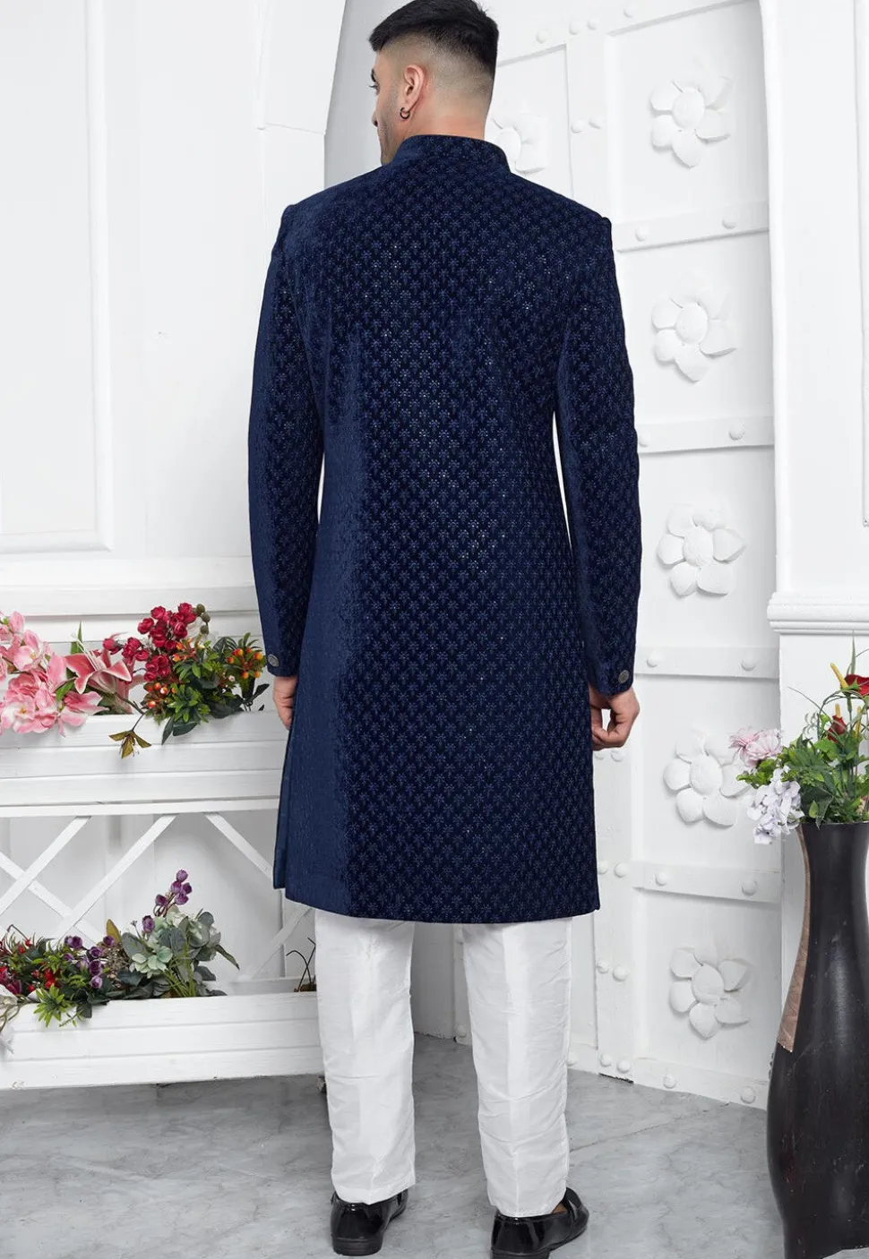 Embroidered Velvet Sherwani in Navy Blue