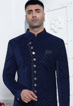 Embroidered Velvet Sherwani in Navy Blue