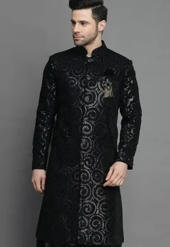 Embroidered Velvet Sherwani in Black