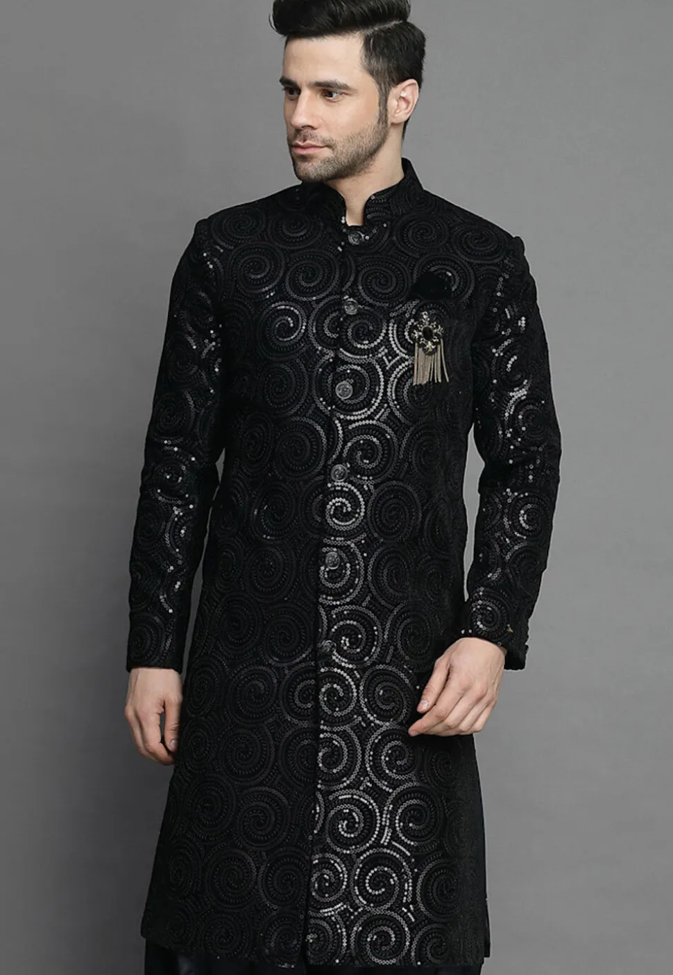 Embroidered Velvet Sherwani in Black