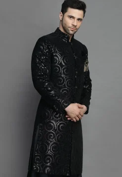 Embroidered Velvet Sherwani in Black