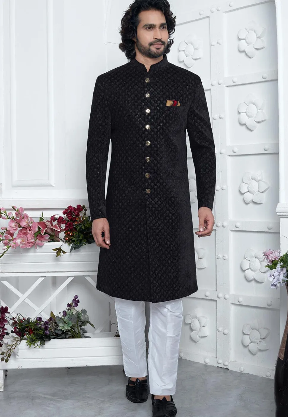 Embroidered Velvet Sherwani in Black