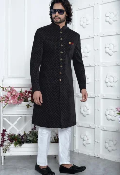 Embroidered Velvet Sherwani in Black