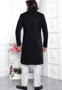 Embroidered Velvet Sherwani in Black