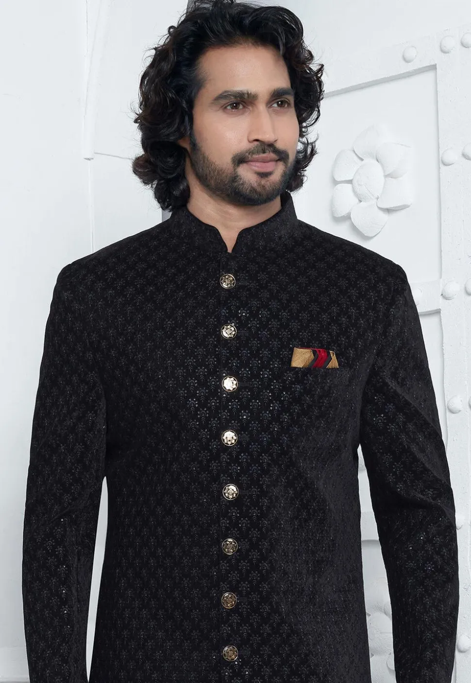 Embroidered Velvet Sherwani in Black