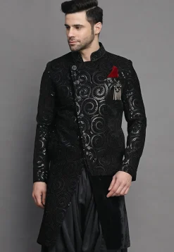 Embroidered Velvet Sherwani in Black