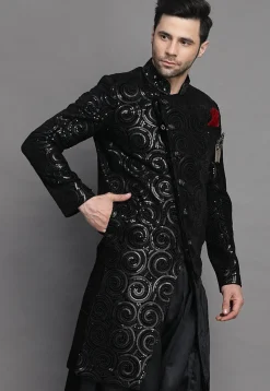 Embroidered Velvet Sherwani in Black