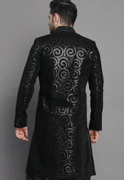 Embroidered Velvet Sherwani in Black