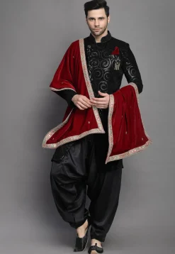 Embroidered Velvet Sherwani in Black