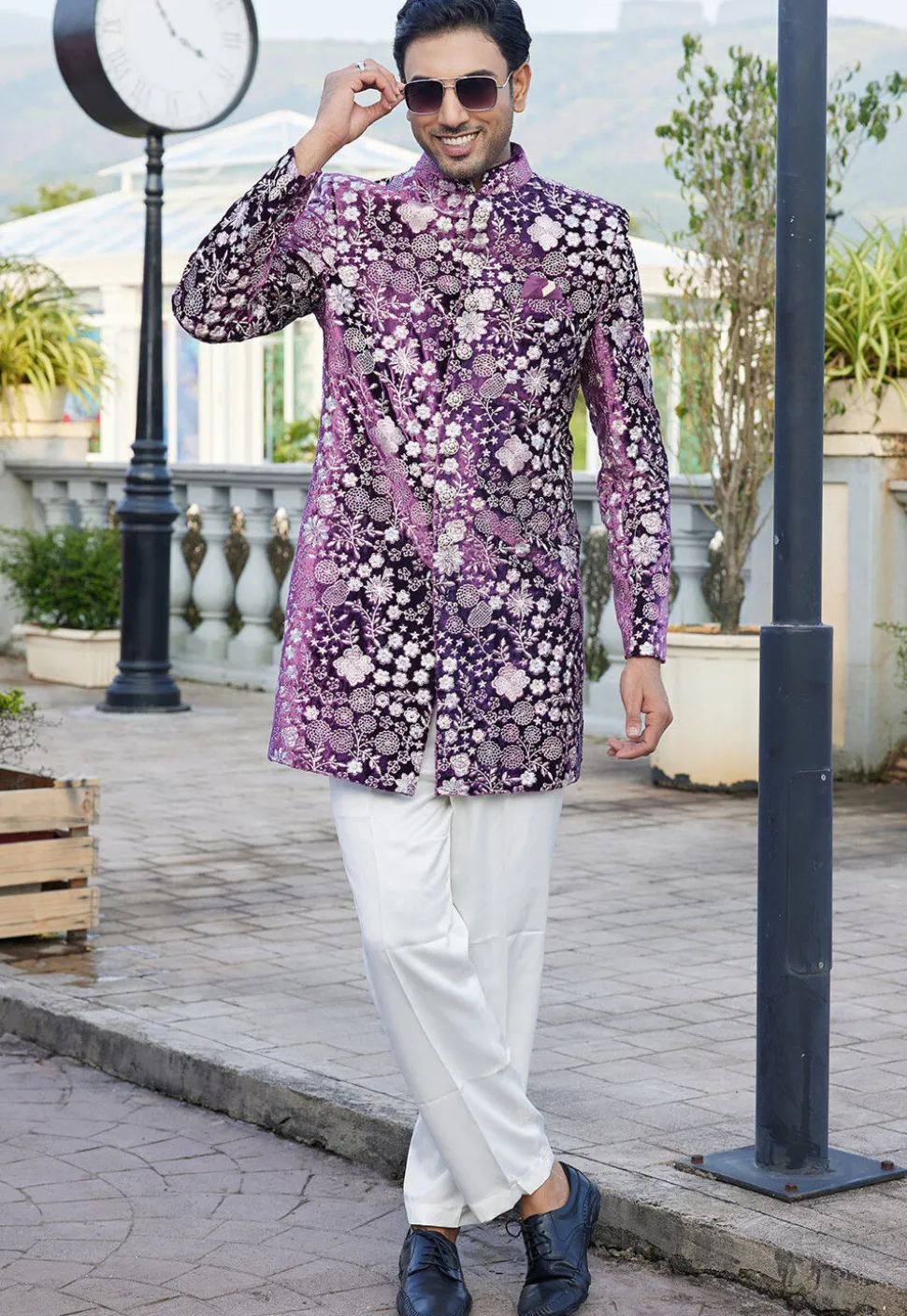 Embroidered Velvet Sherwani in Purple