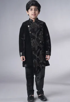 Embroidered Velvet Sherwani Set in Black
