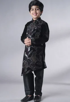 Embroidered Velvet Sherwani Set in Black