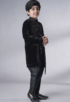Embroidered Velvet Sherwani Set in Black