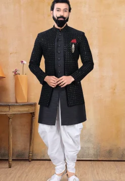 Embroidered Velvet Sherwani in Black