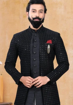 Embroidered Velvet Sherwani in Black