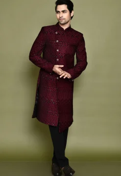 Embroidered Velvet Sherwani in Maroon