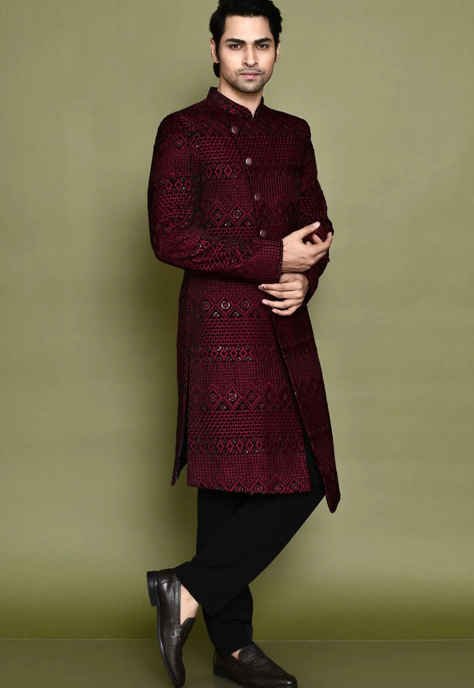 Embroidered Velvet Sherwani in Maroon
