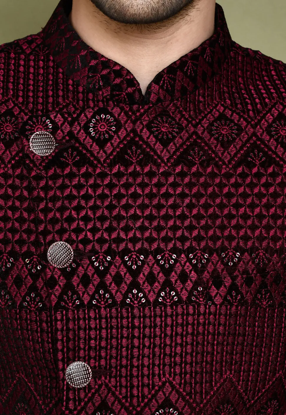 Embroidered Velvet Sherwani in Maroon