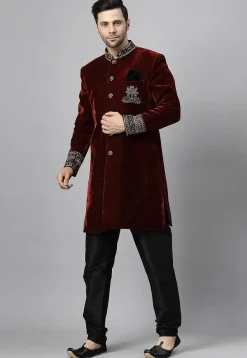 Embroidered Velvet Sherwani in Maroon