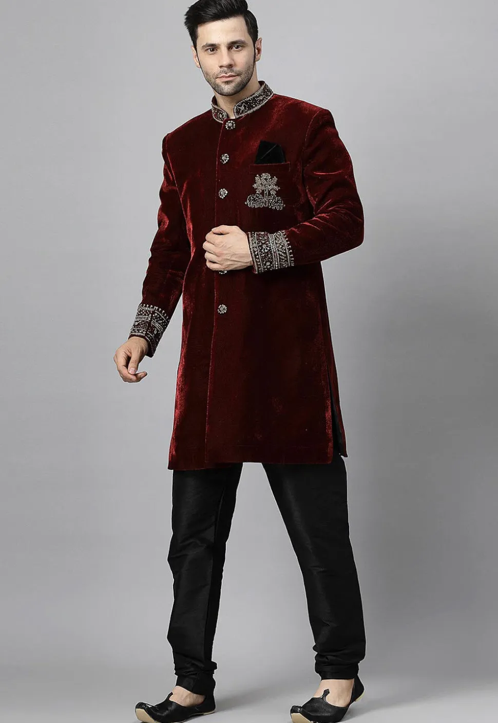 Embroidered Velvet Sherwani in Maroon