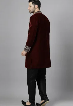 Embroidered Velvet Sherwani in Maroon