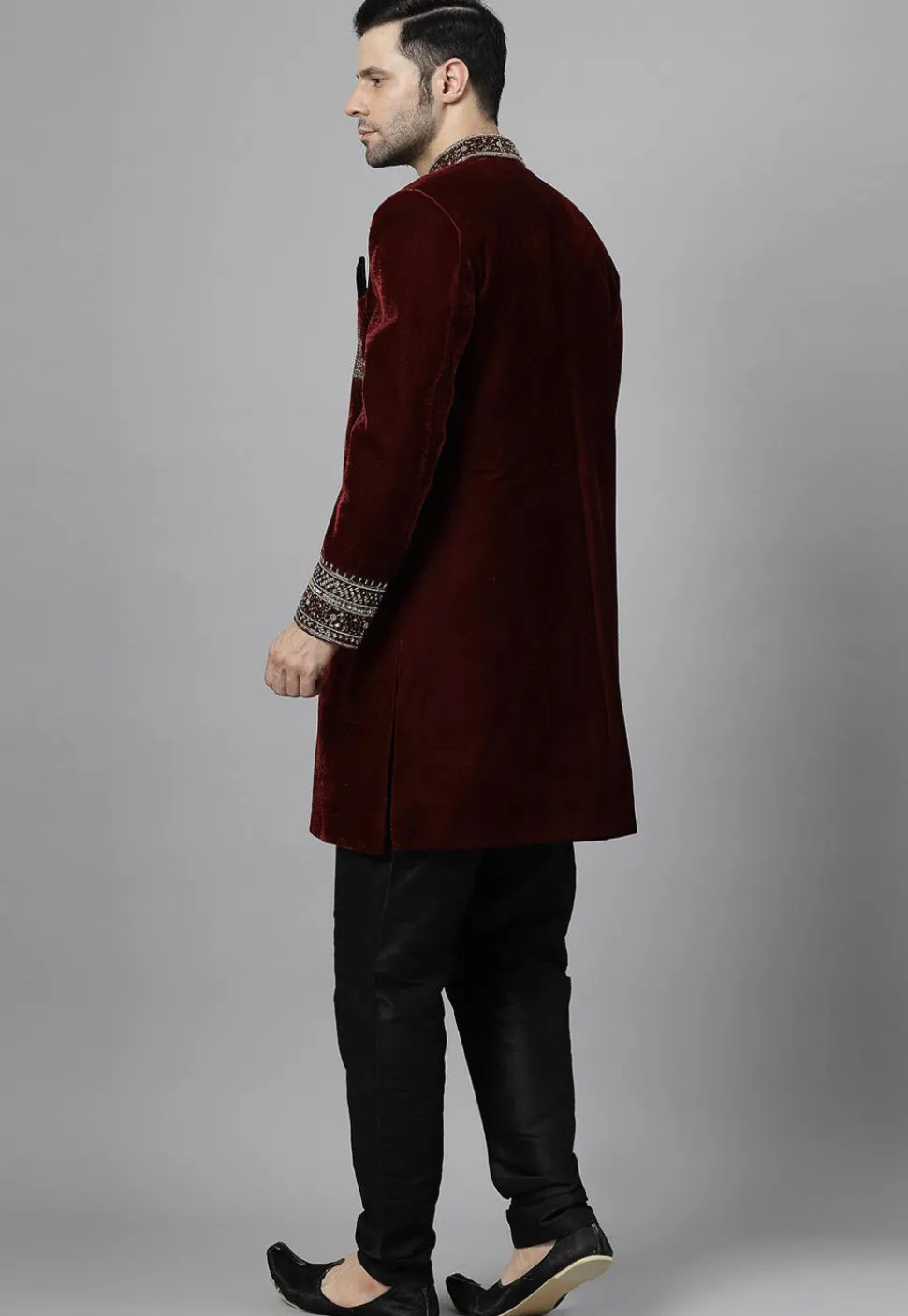 Embroidered Velvet Sherwani in Maroon