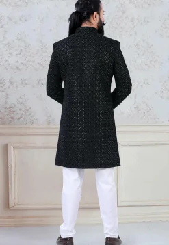 Embroidered Velvet Sherwani in Black