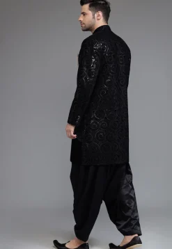 Embroidered Velvet Sherwani in Black