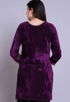 Embroidered  Velvet Straight Kurti in Purple