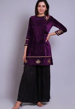 Embroidered  Velvet Straight Kurti in Purple
