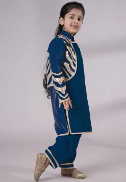 Embroidered Velvet Straight Kurta Set in Teal Blue