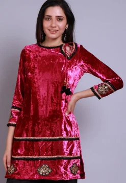 Embroidered Velvet Straight Kurti in Fuchsia