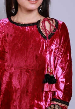 Embroidered Velvet Straight Kurti in Fuchsia