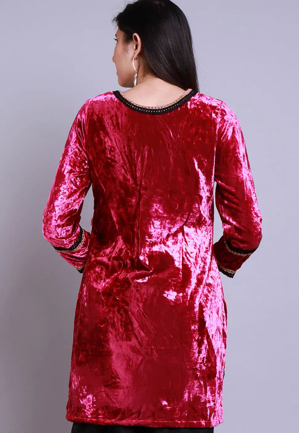 Embroidered Velvet Straight Kurti in Fuchsia
