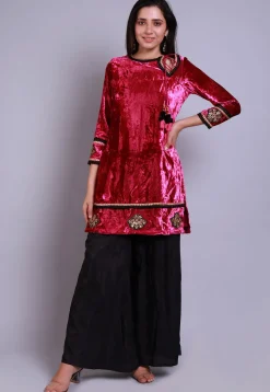 Embroidered Velvet Straight Kurti in Fuchsia