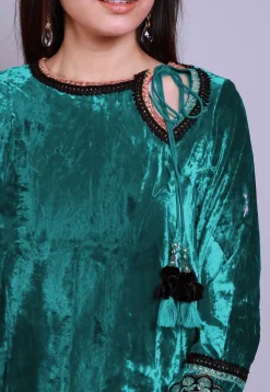 Embroidered  Velvet Straight Kurti in Teal Blue