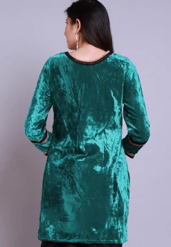 Embroidered  Velvet Straight Kurti in Teal Blue