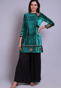 Embroidered  Velvet Straight Kurti in Teal Blue
