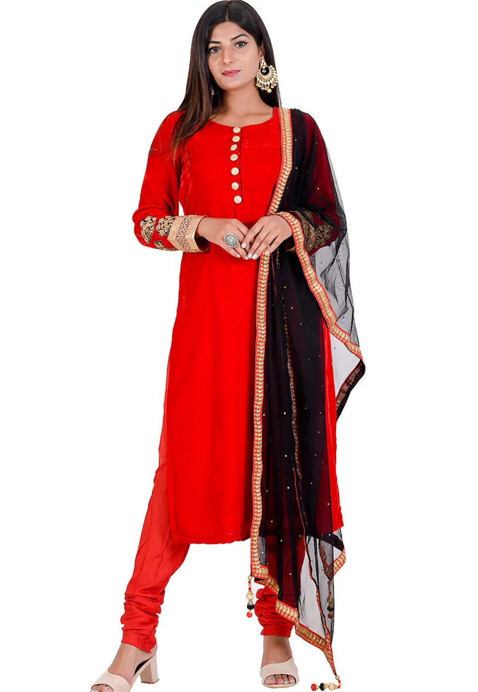 Embroidered Velvet Straight Suit in Red