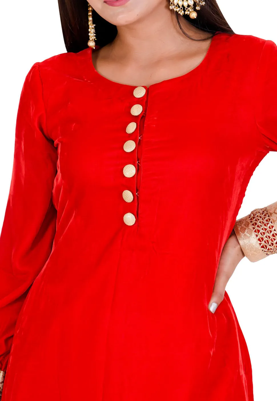 Embroidered Velvet Straight Suit in Red